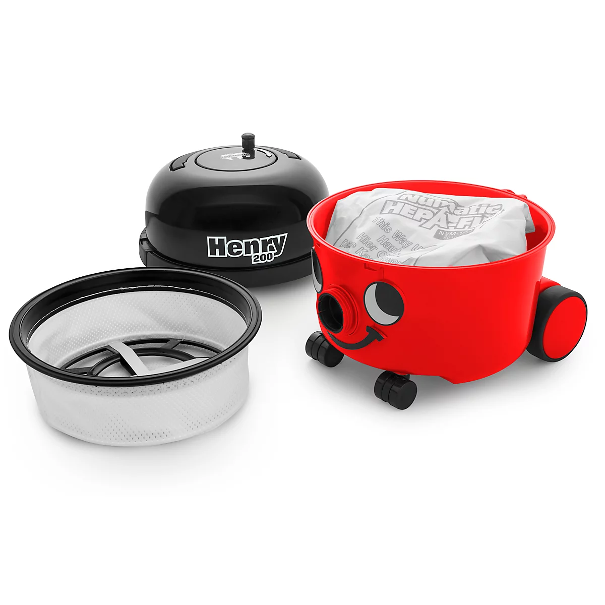 L'aspirateur rouge Henry démonté, le filtre et la tête du moteur noire sont sur fond blanc.