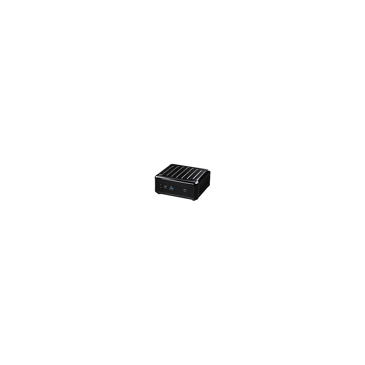Schwarzer Mini-PC mit geriffelter Oberseite, USB- und Audioanschlüssen.