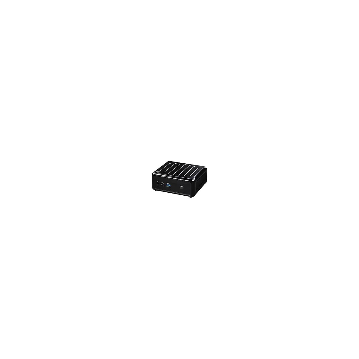 Schwarzer Mini-PC mit glänzender Oberfläche, Rillen auf der Oberseite, Anschlüsse vorn.