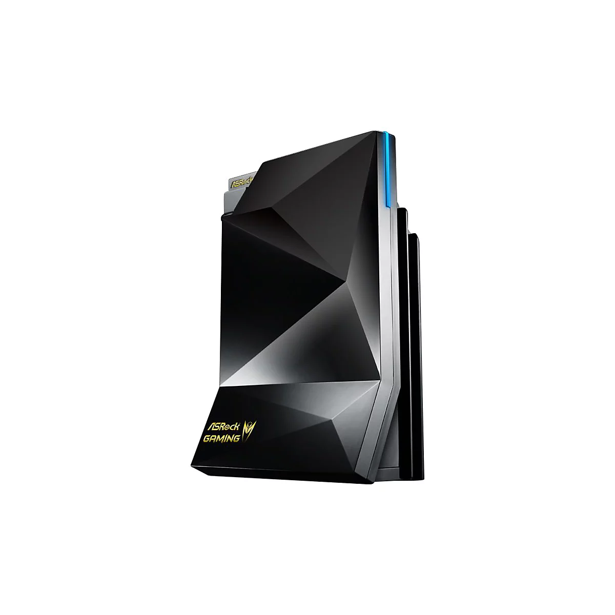 Schwarzer, facettierter ASRock Gaming Mini-PC vor weißem Hintergrund mit blauem Lichtstreifen.