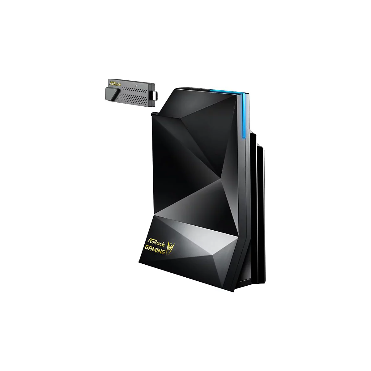 Schwarzer, facettierter ASRock Gaming Router mit blauem LED-Streifen und kleinem USB-Stick auf weißem Hintergrund.