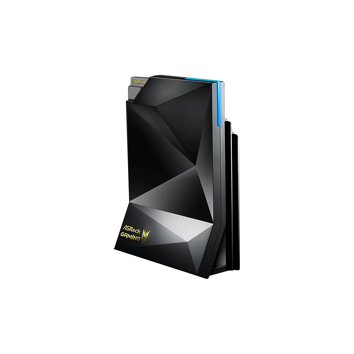 Schwarzer, facettierter ASRock Gaming Router mit blauem Lichtstreifen auf weißem Hintergrund.
