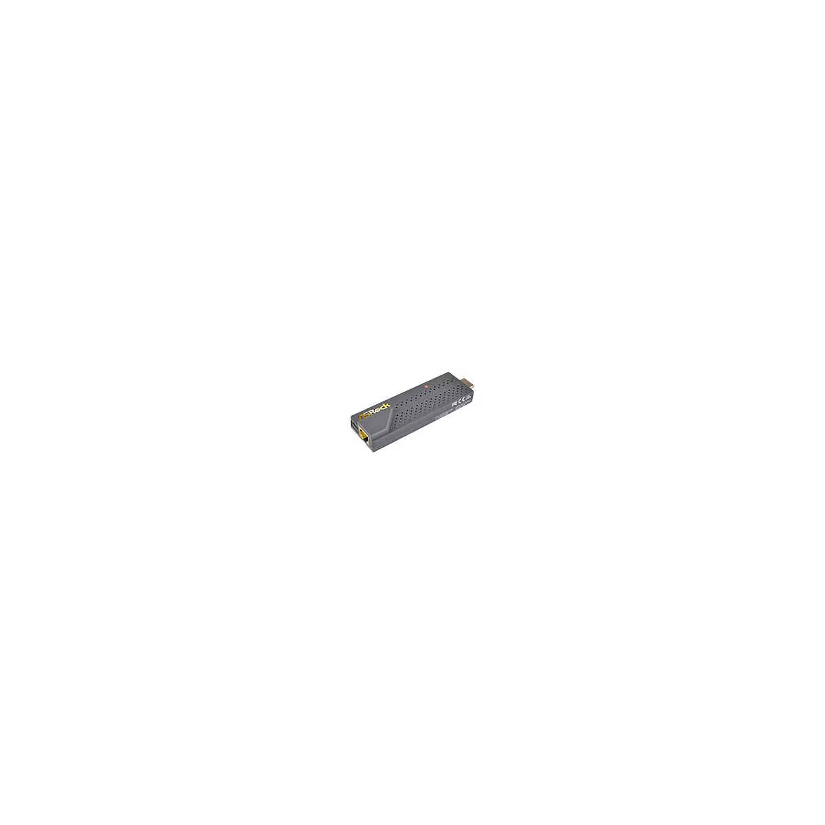 Ein grauer ASRock HDMI-Stick mit einem gelben Ethernet-Anschluss und einer kleinen roten Status-LED.