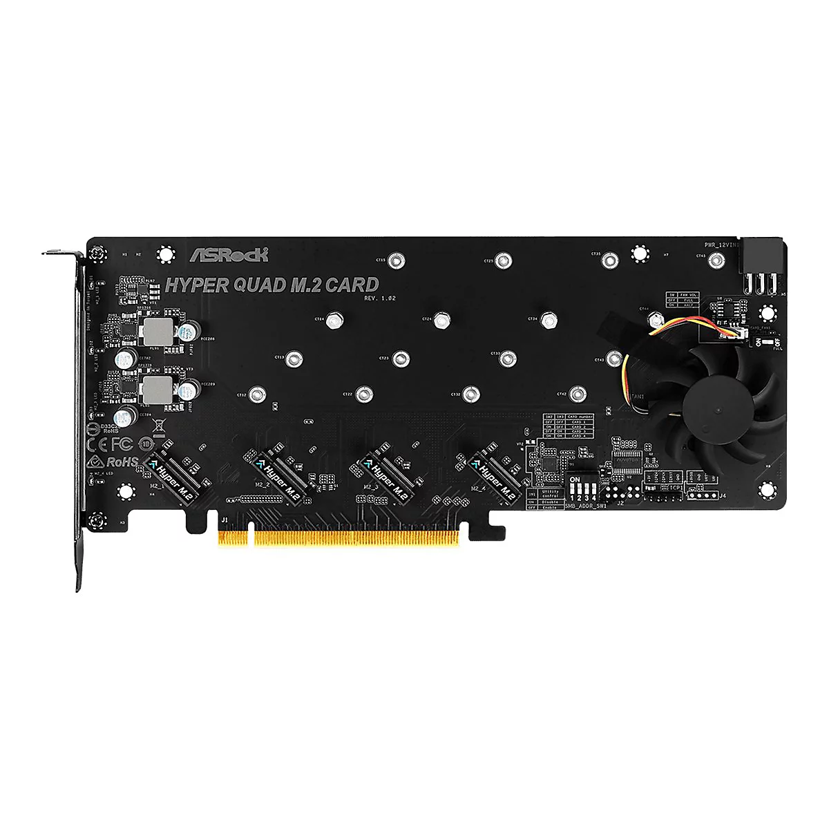 ASRock Hyper Quad M.2 Karte, eine schwarze PCIe-Erweiterungskarte mit Kühllüfter für Speicherlaufwerke.