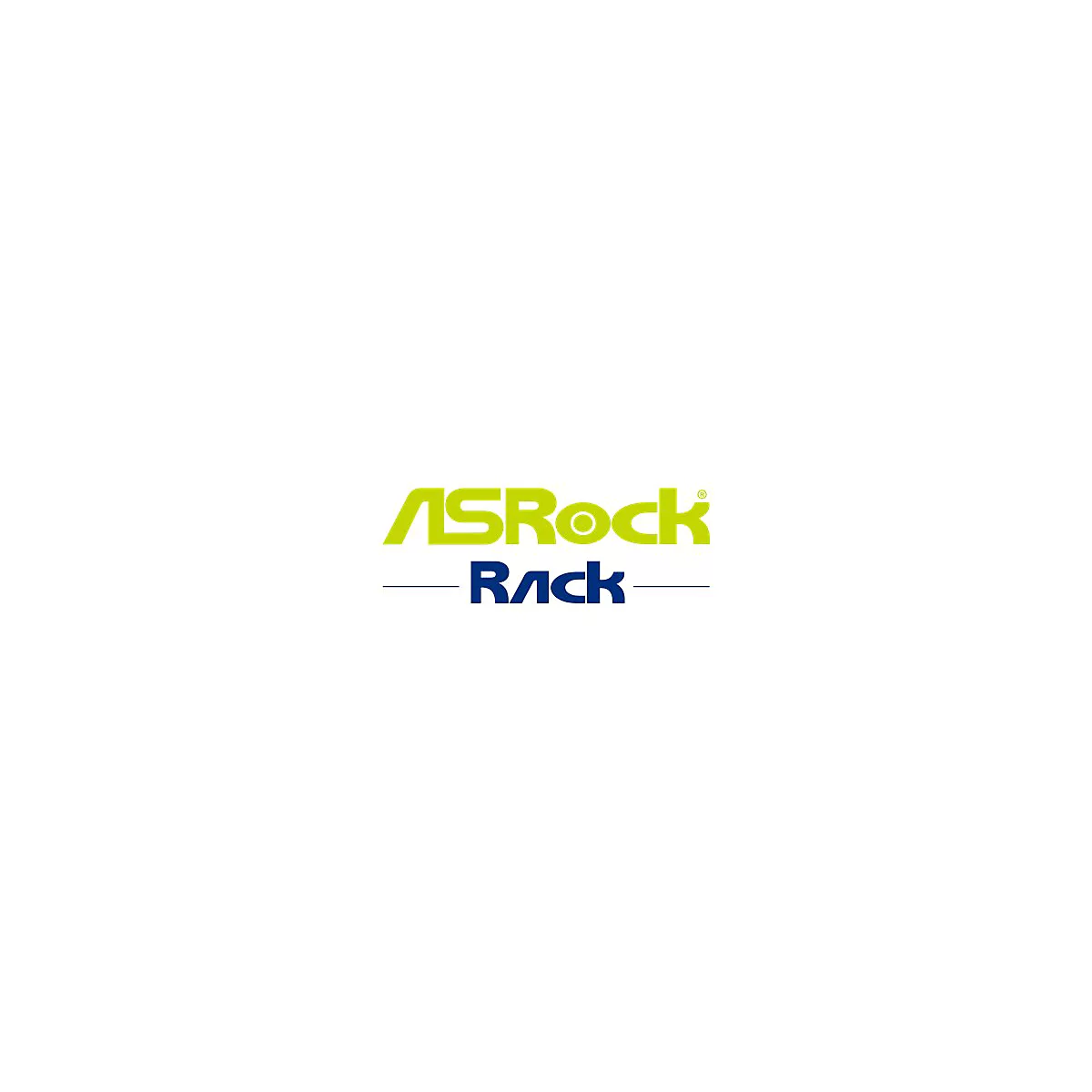 Logo von ASRock Rack mit neongelbem Schriftzug ASRock und blauem Schriftzug Rack.
