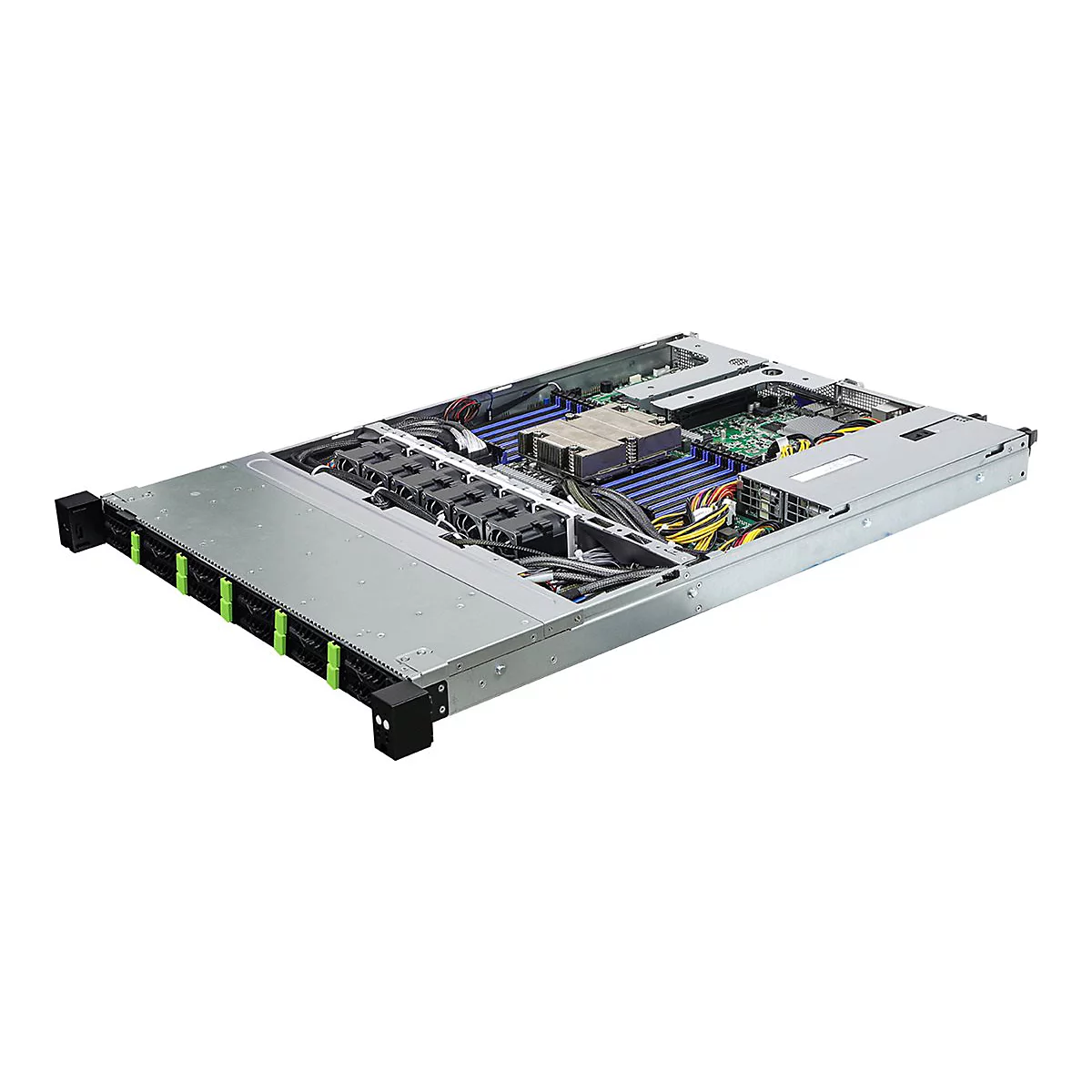 Geöffneter Rack-Server mit freiliegenden Komponenten wie Lüftern, RAM-Riegeln und Prozessorkühlern.