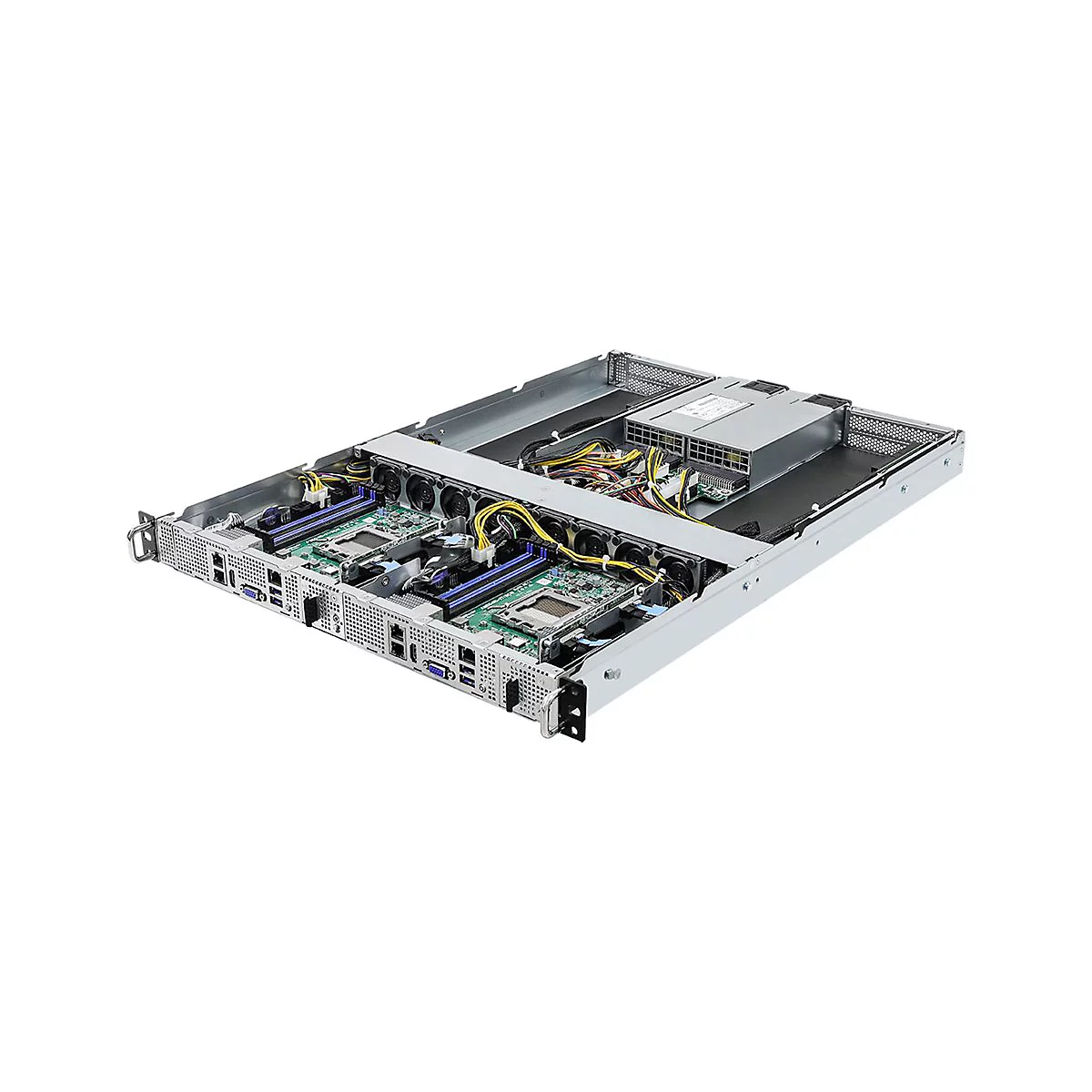 Geöffneter Serverschrank mit freiliegendem Mainboard, Prozessorsockeln, Arbeitsspeicherslots und Netzteil.