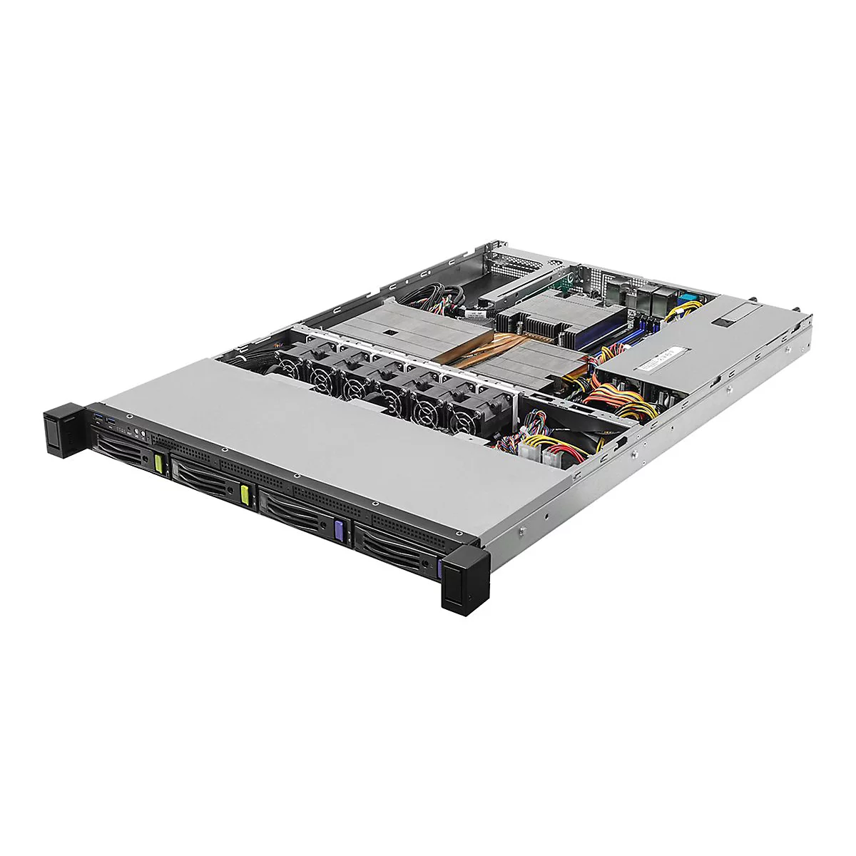 Geöffnetes Rack-Server-Gehäuse von schräg oben mit sichtbaren Festplatteneinschüben, Lüftern und Hauptplatine.