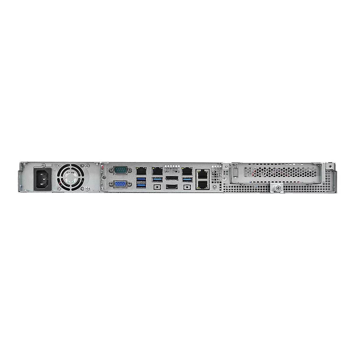 Rückseite eines schmalen Servergehäuses mit diversen Anschlüssen, Lüfter und Netzteilbuchse.