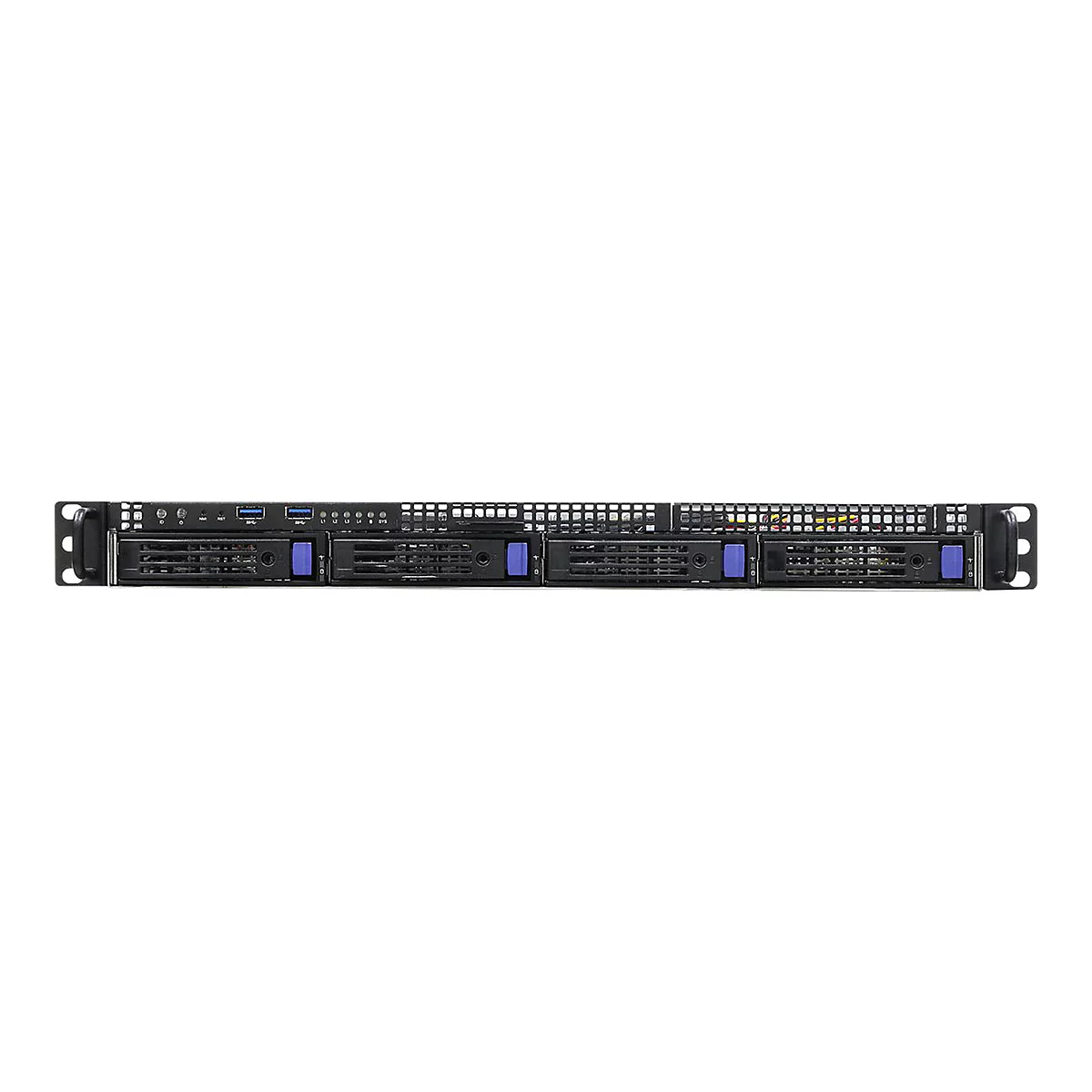 Schwarzer 1U Rack-Server mit vier Festplatteneinschüben und blauen Verriegelungshebeln auf weißem Grund.