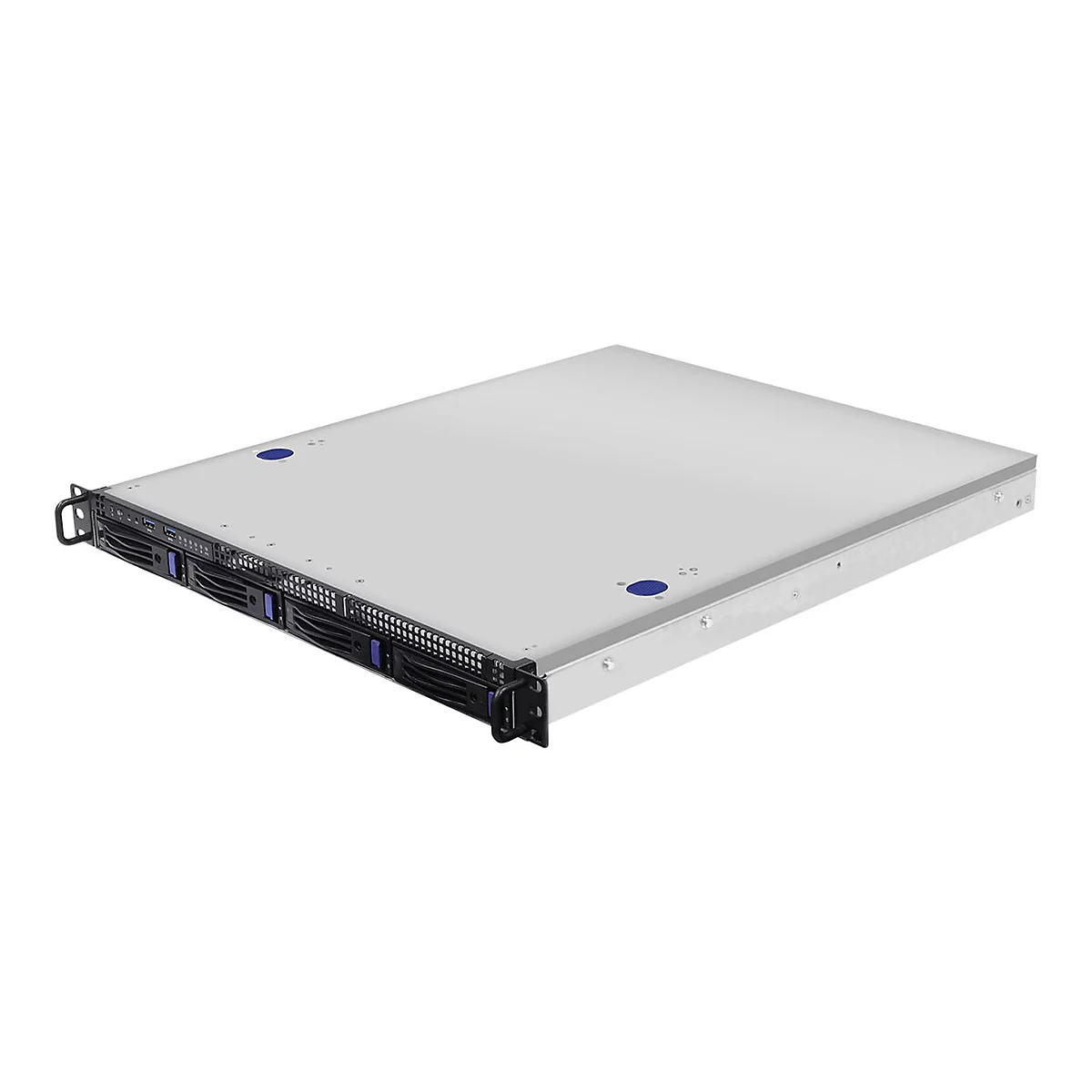 Flaches 19-Zoll Server-Gehäuse in Silber mit schwarzer Frontblende und vier Festplatteneinschüben vor weißem Hintergrund.