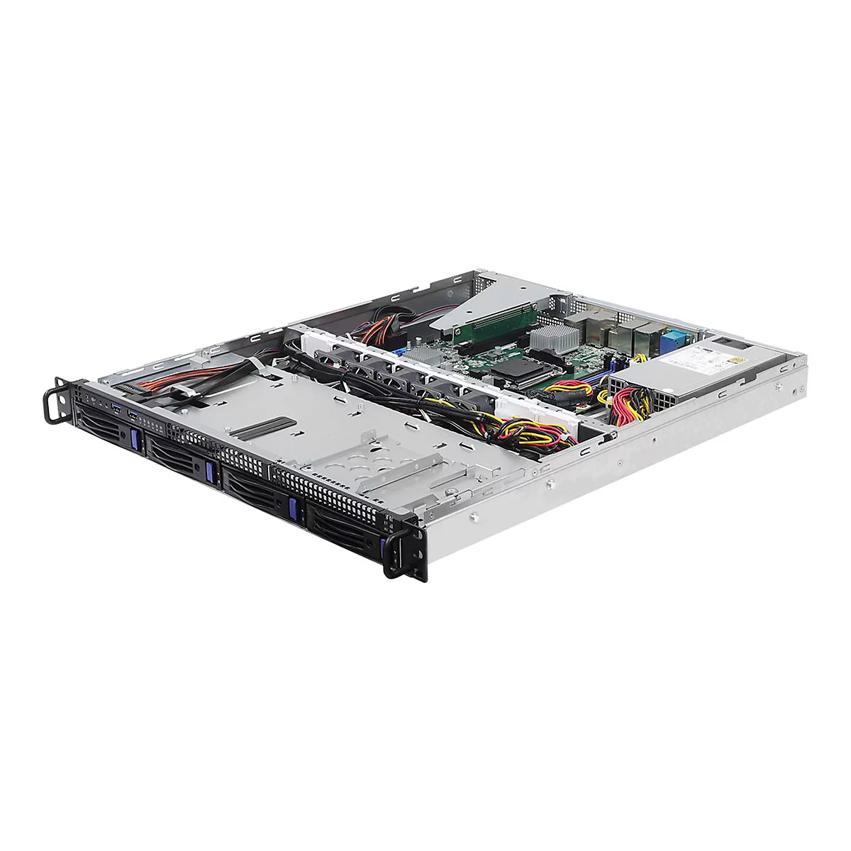 Geöffneter Rack-Server mit freiem Blick auf das Mainboard, Kabelmanagement und Festplatteneinschübe.
