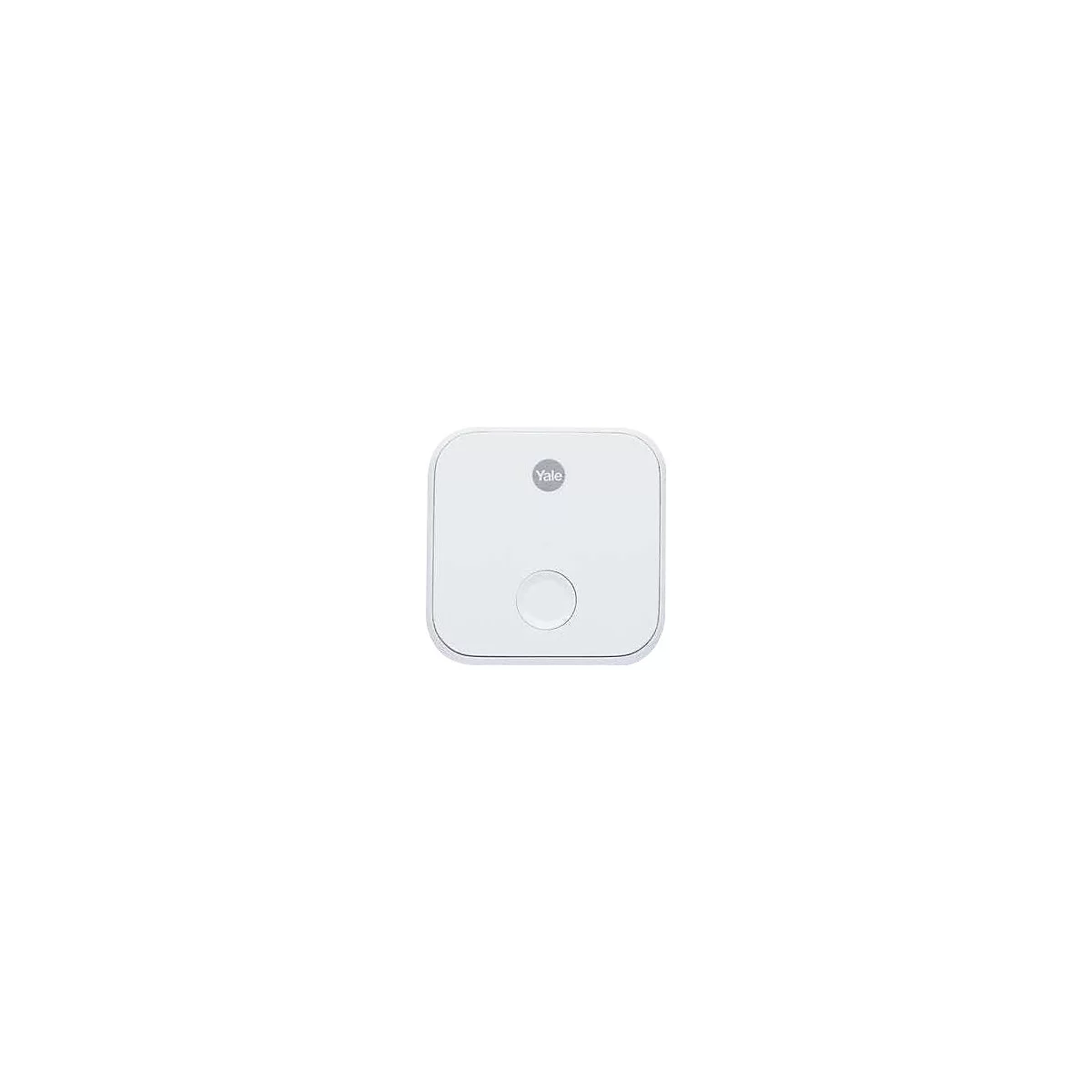 Quadratisches, weißes Yale Smart Home Hub Gerät mit einem zentralen runden Knopf.