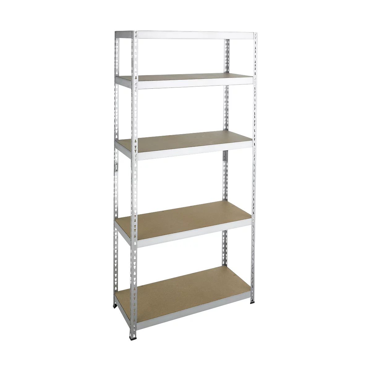 An open, silver shelf with five brown shelves, against a white background.