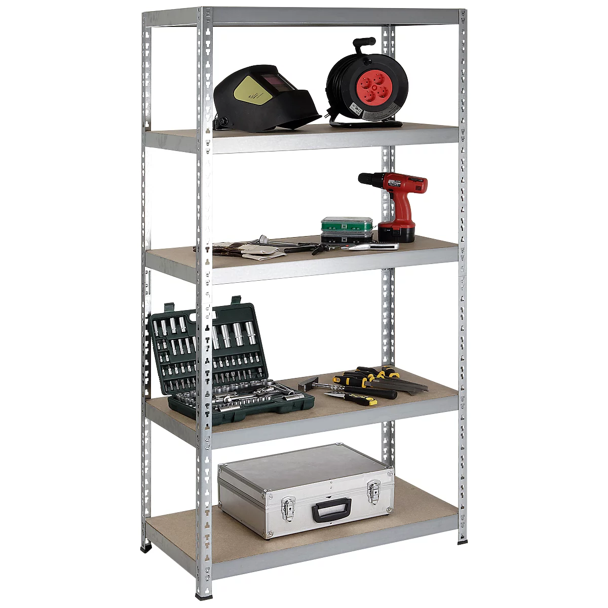 Metal shelf with tools: welding mask, cable reel, drill, wrenches, screwdrivers, tool case. Light wooden boards and silver metal frames.