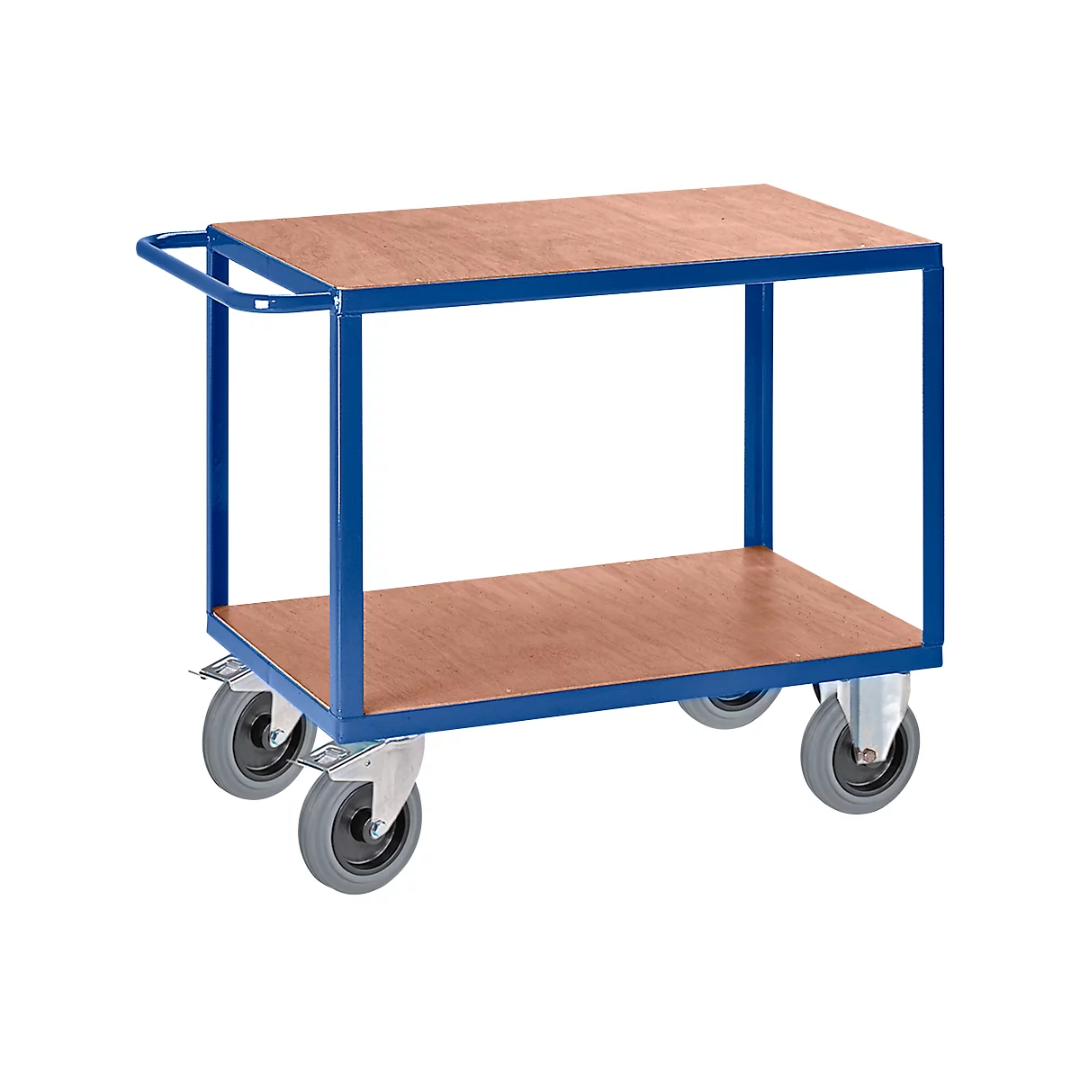 Blue transport cart with wooden panels and four wheels.