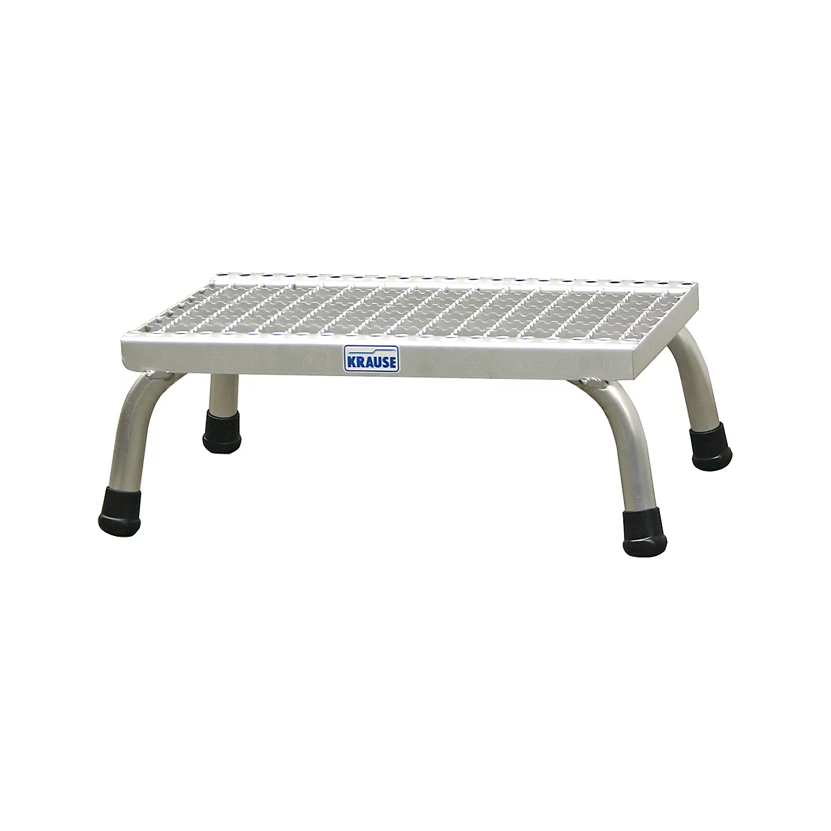 A silver metal step stool with a ribbed tread and rounded legs with black rubber feet.