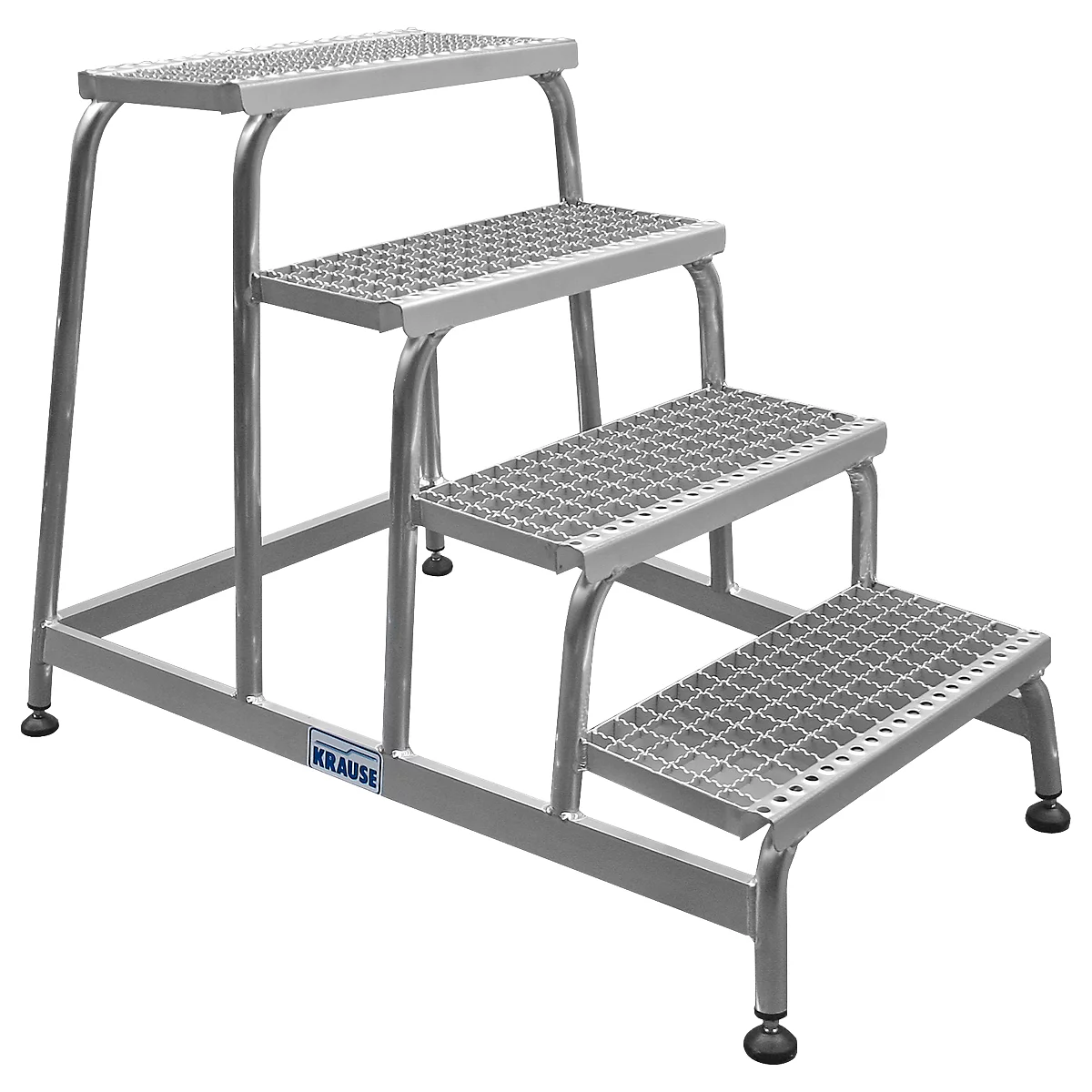 Silver, robust four-step ladder. The treads have a grid pattern. The brand name Krause is visible.