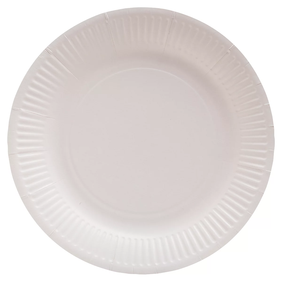 Une assiette en carton ronde et blanche avec une bordure cannelée.