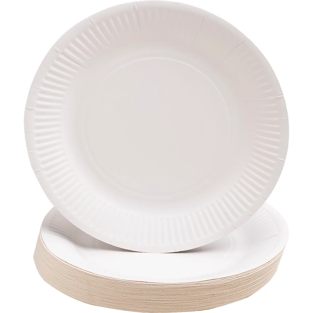 Assiettes en carton blanches, une est placée sur une pile.