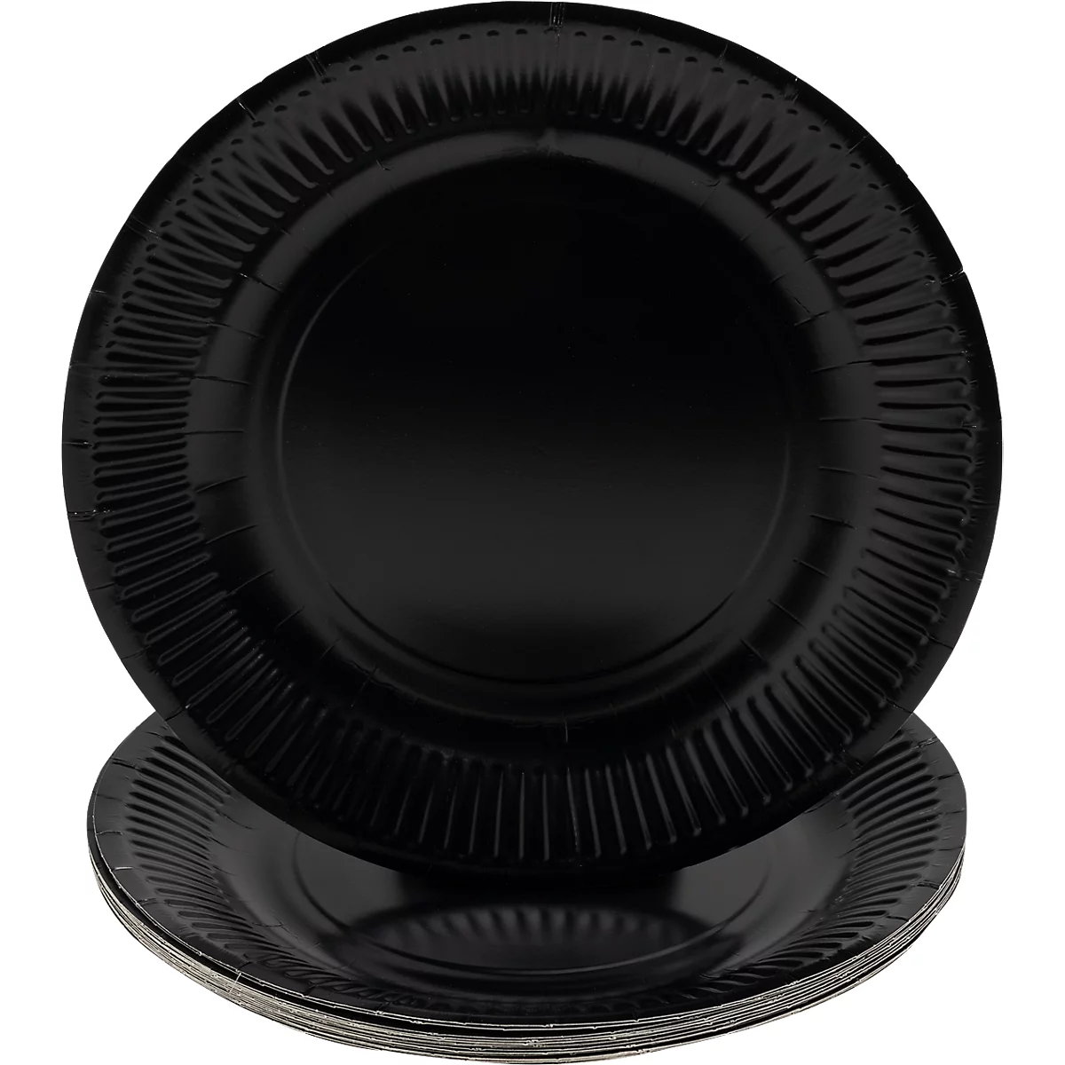 Assiettes en carton noires empilées à différents niveaux. Les assiettes ont des bords nervurés.