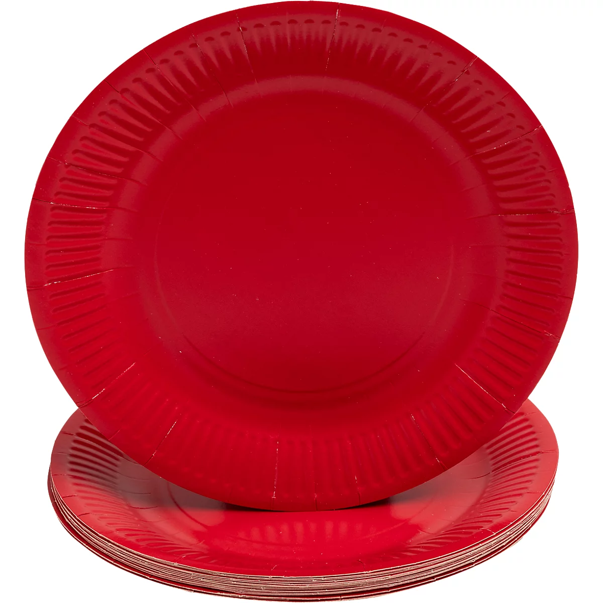 Assiettes en papier rouges; une est sur une pile, une au-dessus.