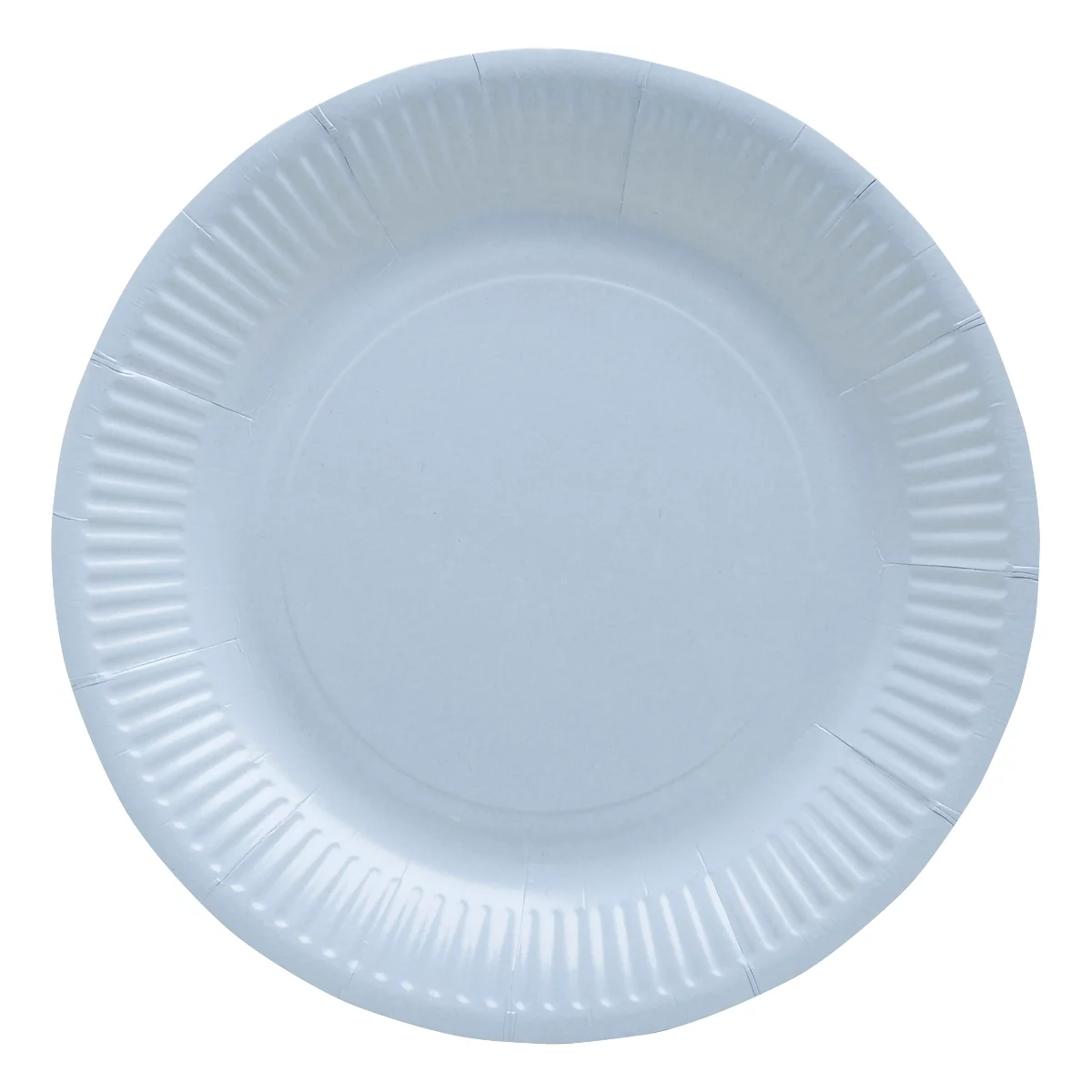 Une seule assiette en papier blanche avec un bord extérieur strié.