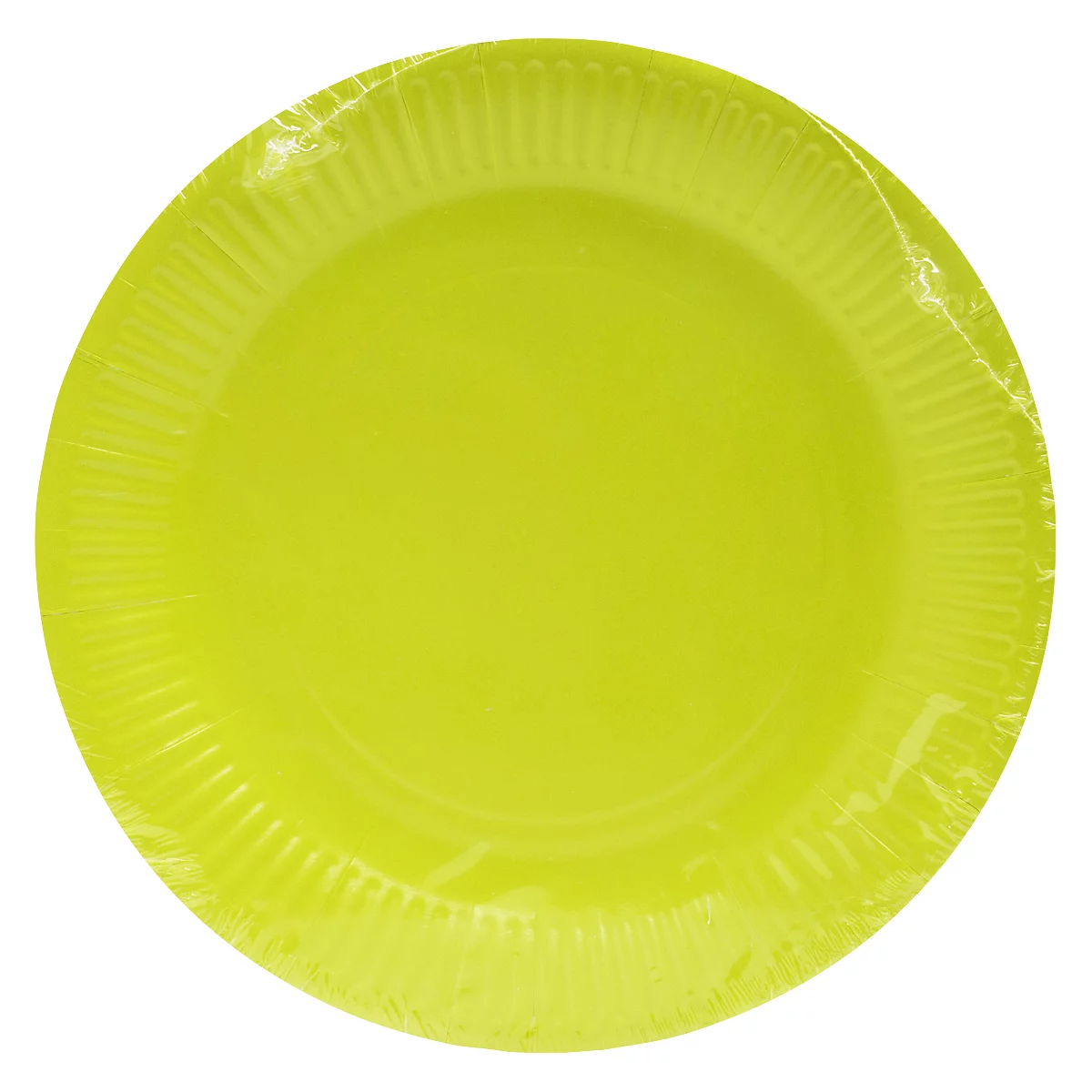 Une assiette en carton jaune fluo, enveloppée dans du film transparent.
