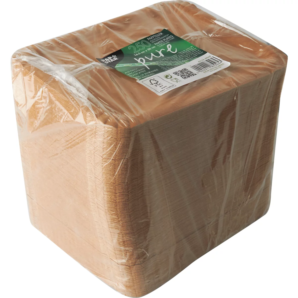Assiettes en carton Papstar Pure, 500 pièces, carrées, qualité alimentaire, L 165 x L 200 mm, carton à base de fibres fraîches, marron