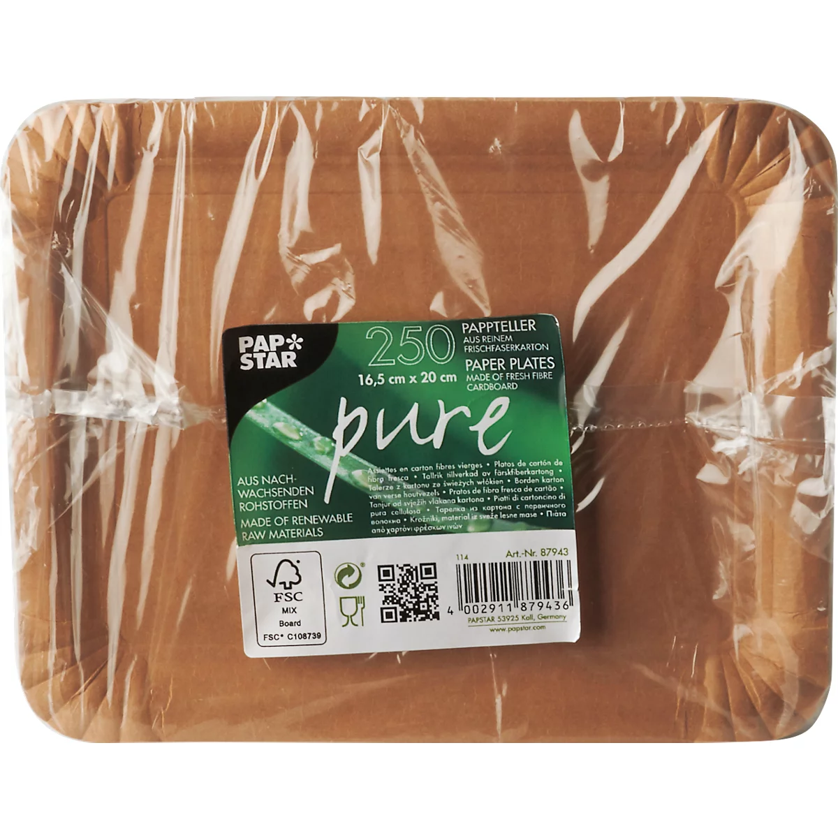 Assiettes en carton Papstar Pure, 500 pièces, carrées, qualité alimentaire, L 165 x L 200 mm, carton à base de fibres fraîches, marron