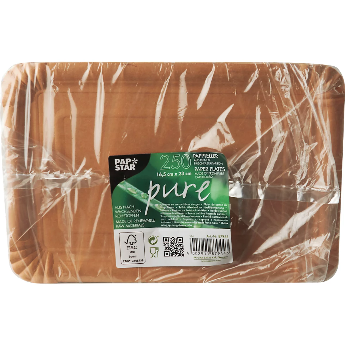 Assiettes en carton Papstar Pure, 500 pièces, carrées, qualité alimentaire, L 165 x L 230 mm, carton à base de fibres fraîches, marron