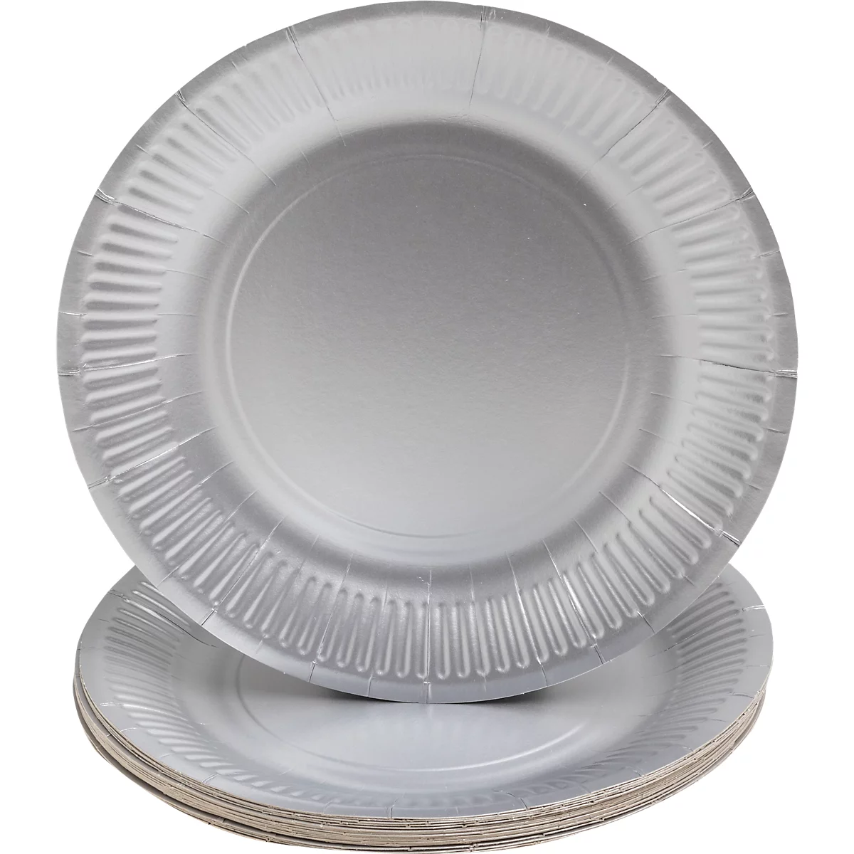 Assiettes en carton argentées empilées. L'assiette du dessus est légèrement soulevée.