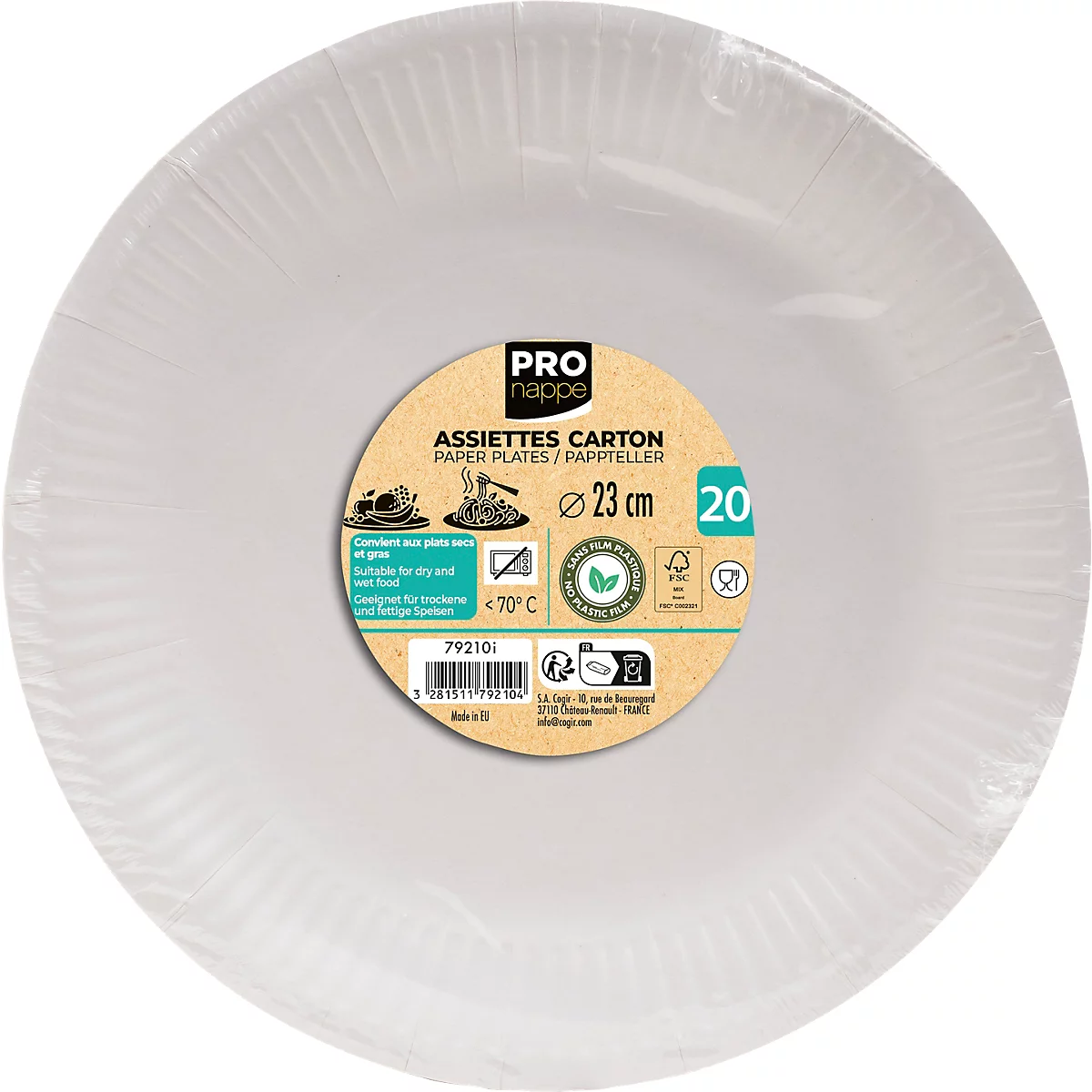 Une assiette en carton blanc dans un emballage plastique. Autocollant : PRO nappe, assiettes, 23 cm, 20 pièces, convient aux aliments jusqu'à 70 degrés.