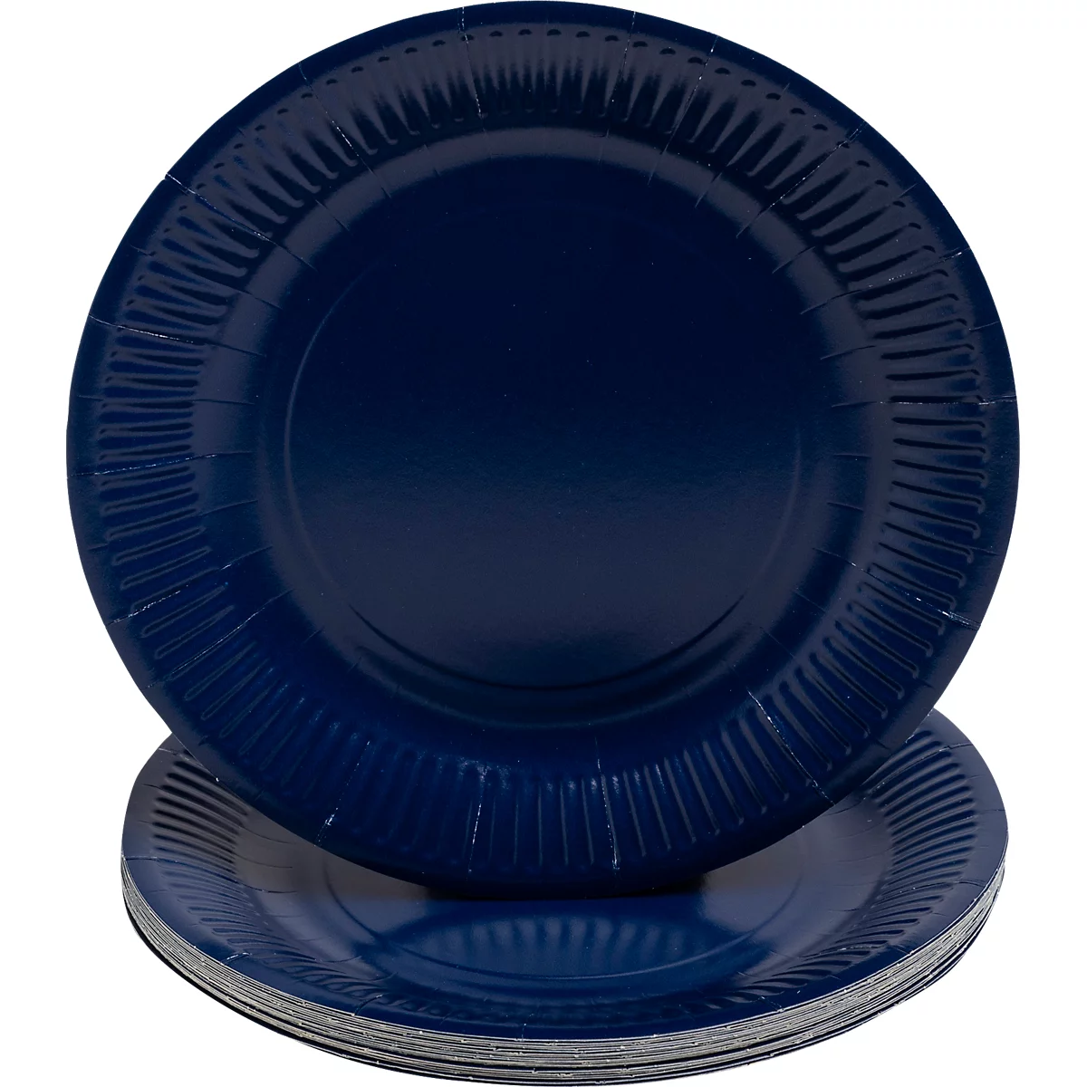 Assiettes en papier bleu foncé empilées, une légèrement surélevée. Bords côtelés, surface lisse.