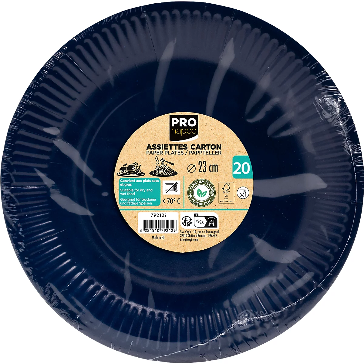 Assiette en carton bleue dans une feuille. Impression avec logo du fabricant, taille, nombre et autres informations.