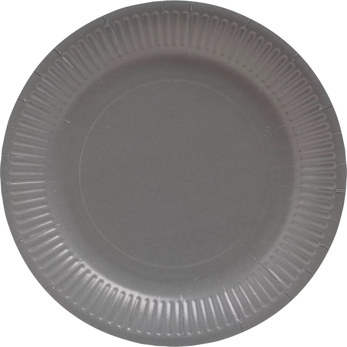 Assiette en carton grise avec un bord extérieur ondulé. La surface est lisse.