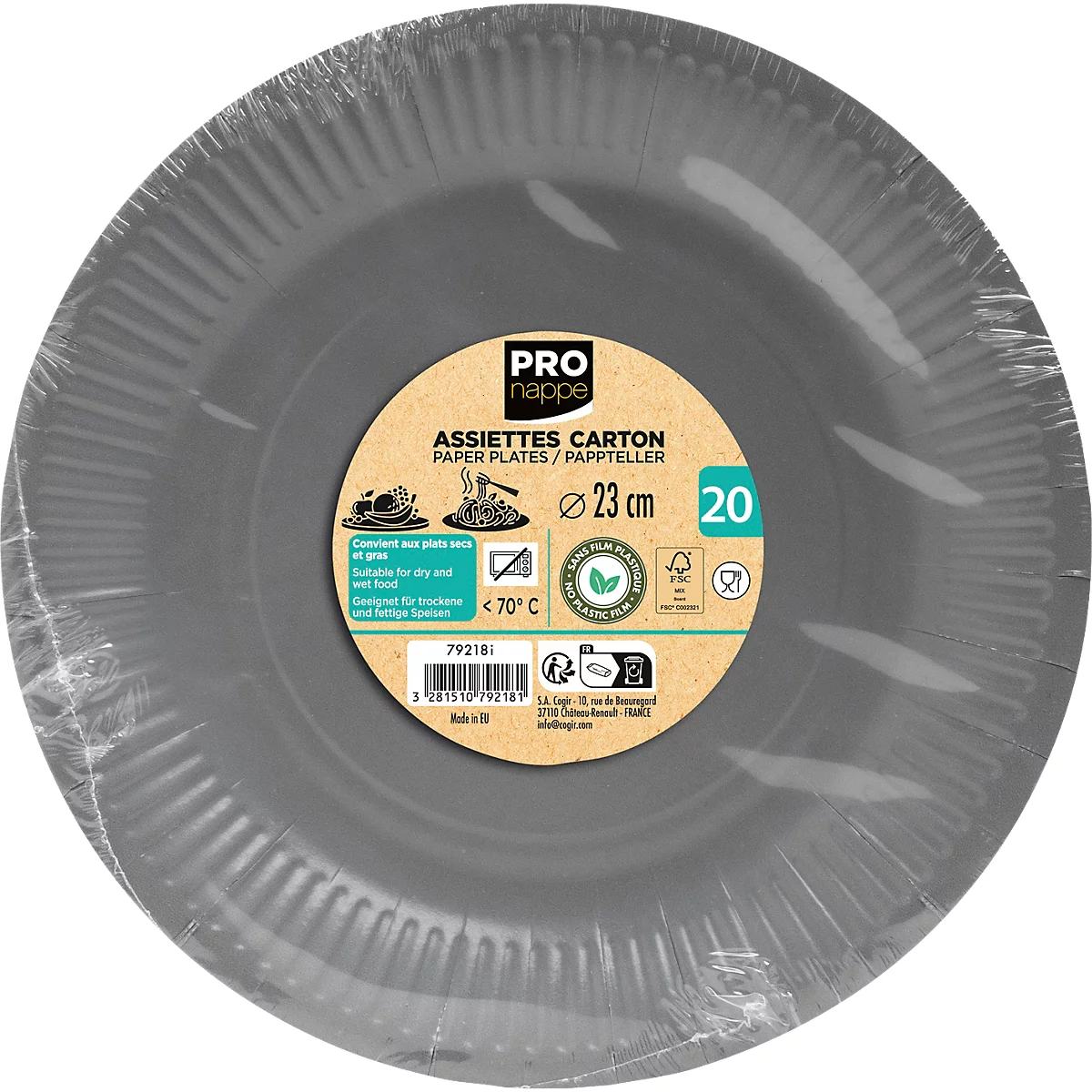 Assiettes en carton grises, emballées dans du film. Imprimé: "Pro Nappe", "Assiettes Carton", Ø 23 cm, 20 pièces.