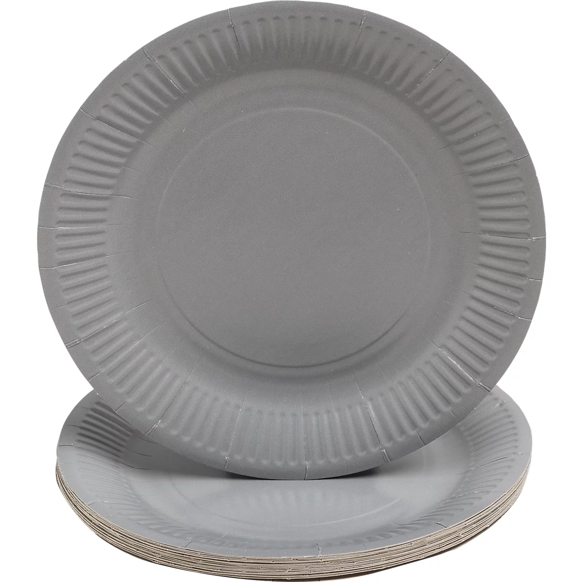 Assiettes en papier grises. L'une repose sur une pile, une autre est partiellement placée au-dessus.