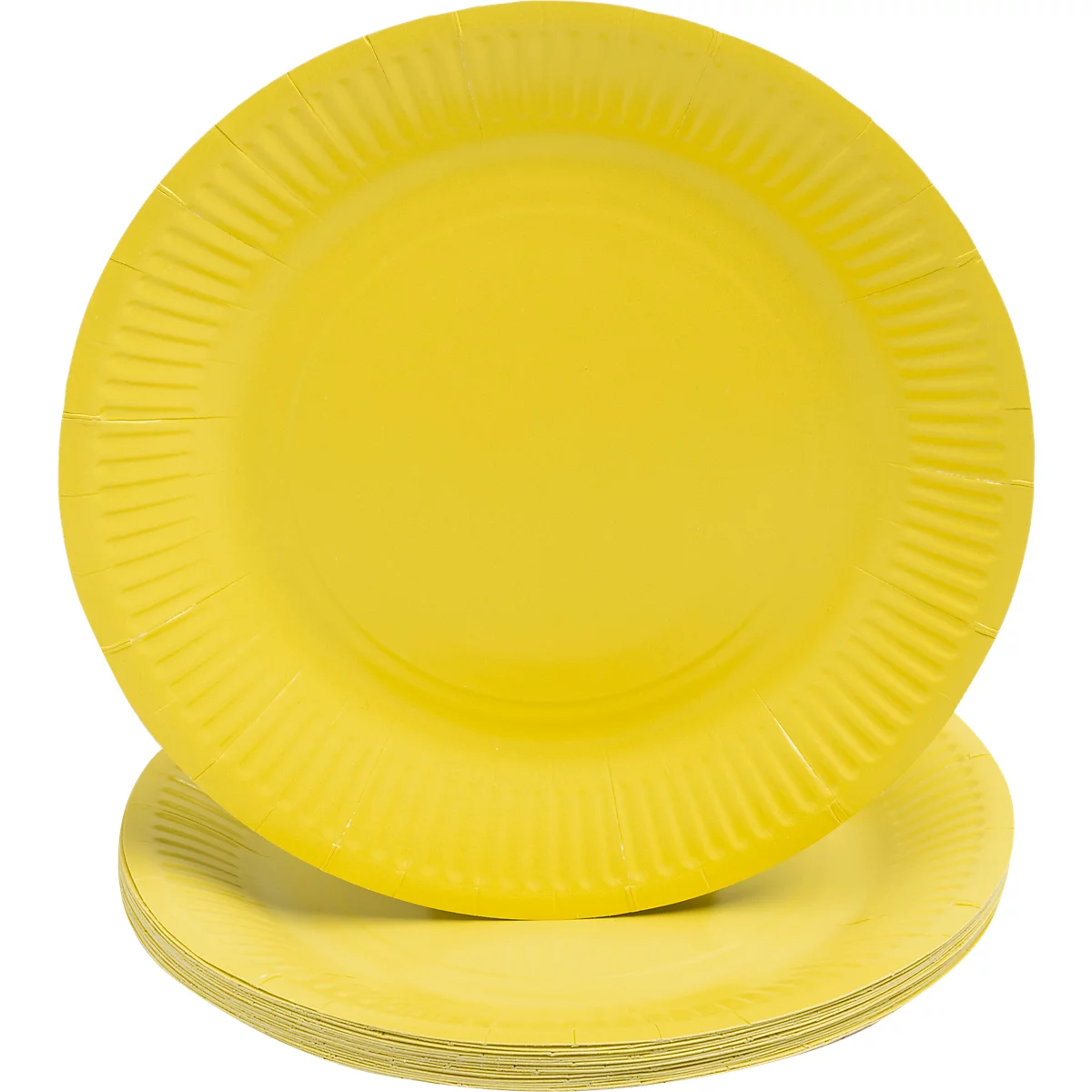 Assiettes en carton jaunes, une sur le dessus.