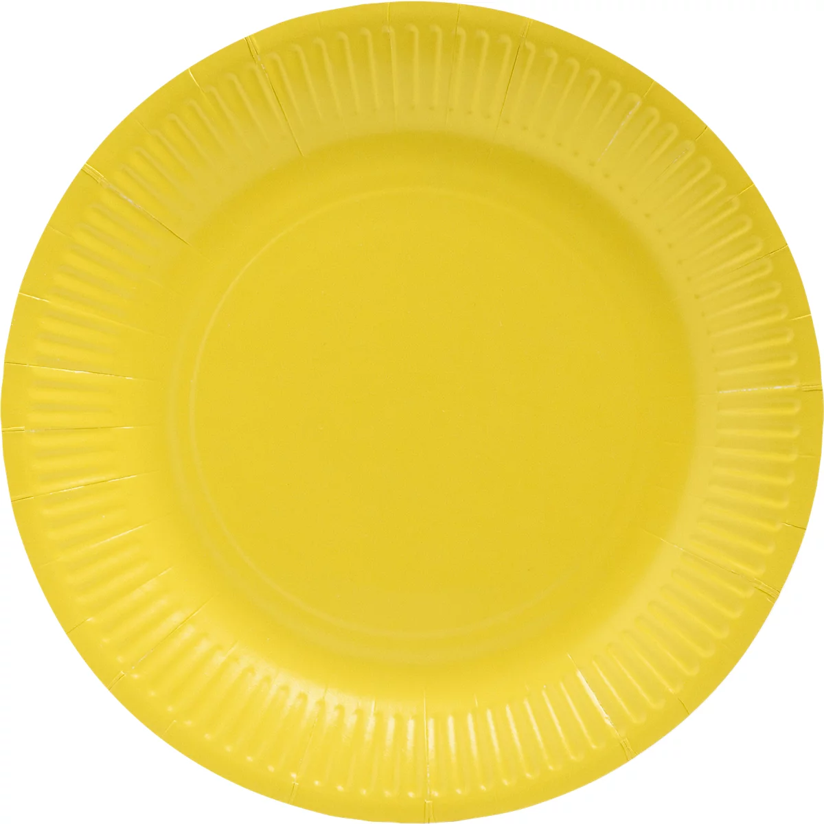 Assiette en carton jaune avec un bord nervuré.