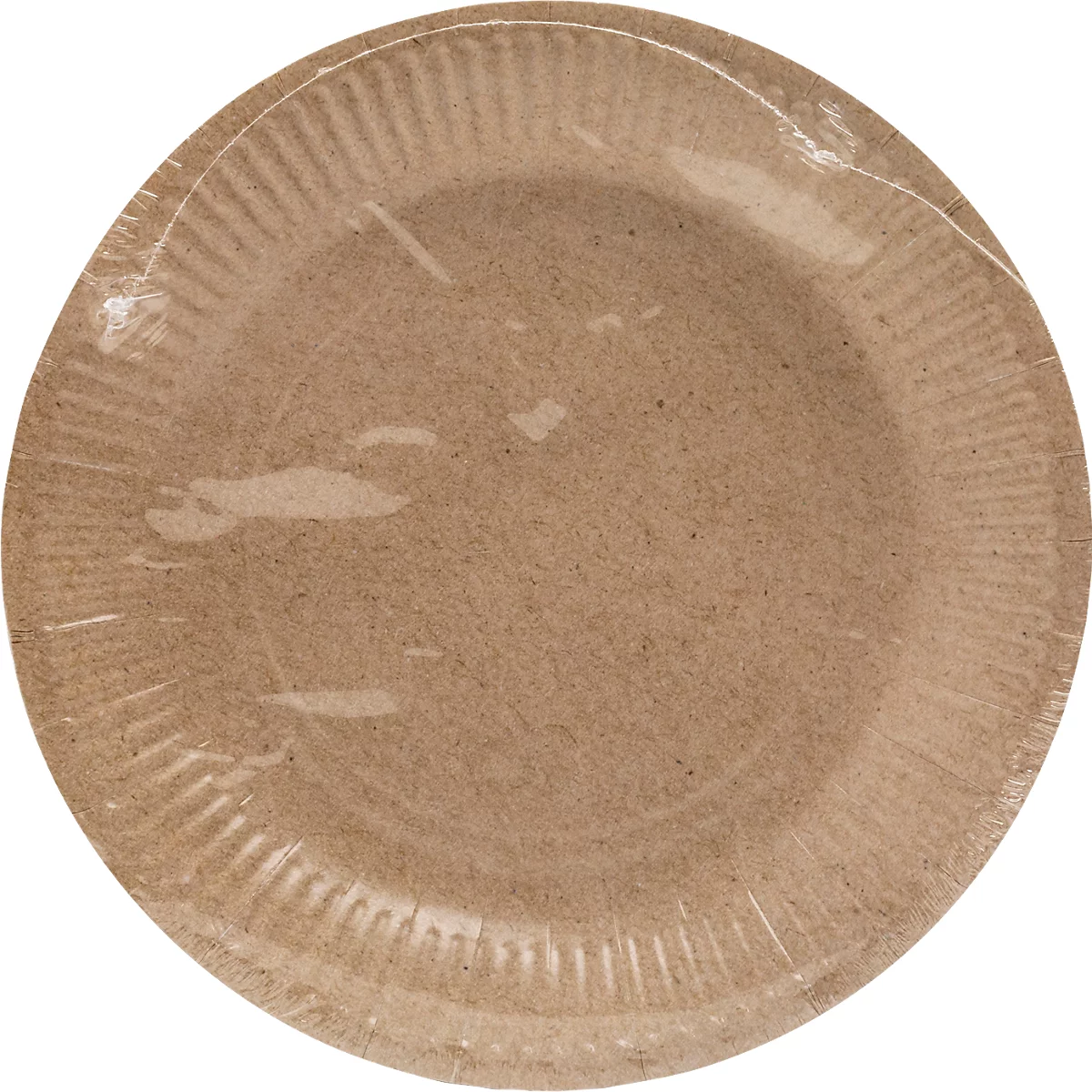 Une assiette en carton marron, emballée dans du plastique.