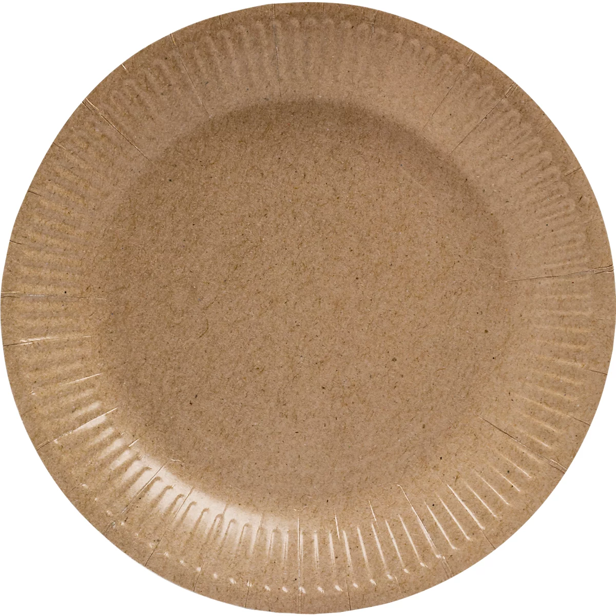 Assiette en carton marron avec un bord côtelé. L'assiette est ronde et a une surface claire et unie.