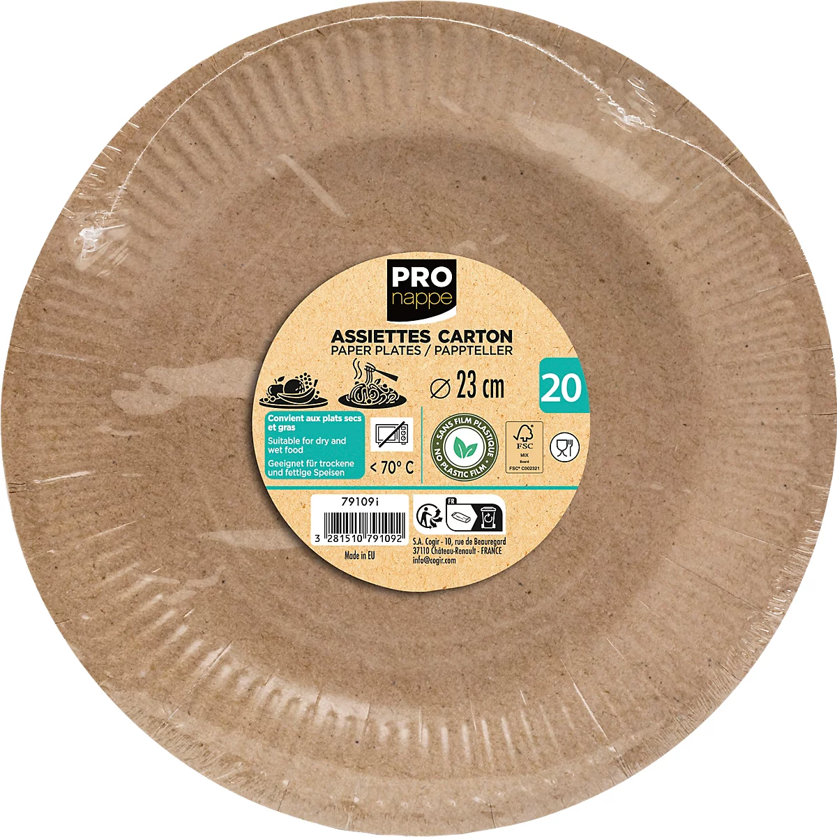 Assiettes en papier brun, emballées sous film plastique, avec étiquetage du produit. Inscription : "ASSIETTES CARTON, 23 cm, 20 pièces".