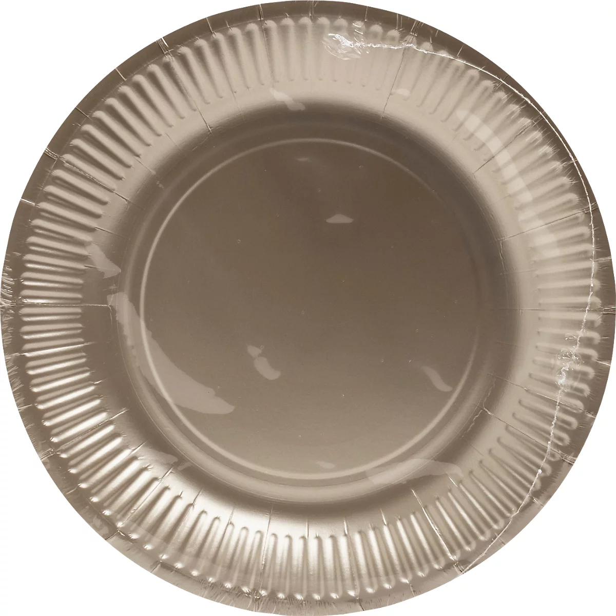 Assiette en carton beige, avec un bord extérieur nervuré. La surface semble lisse.