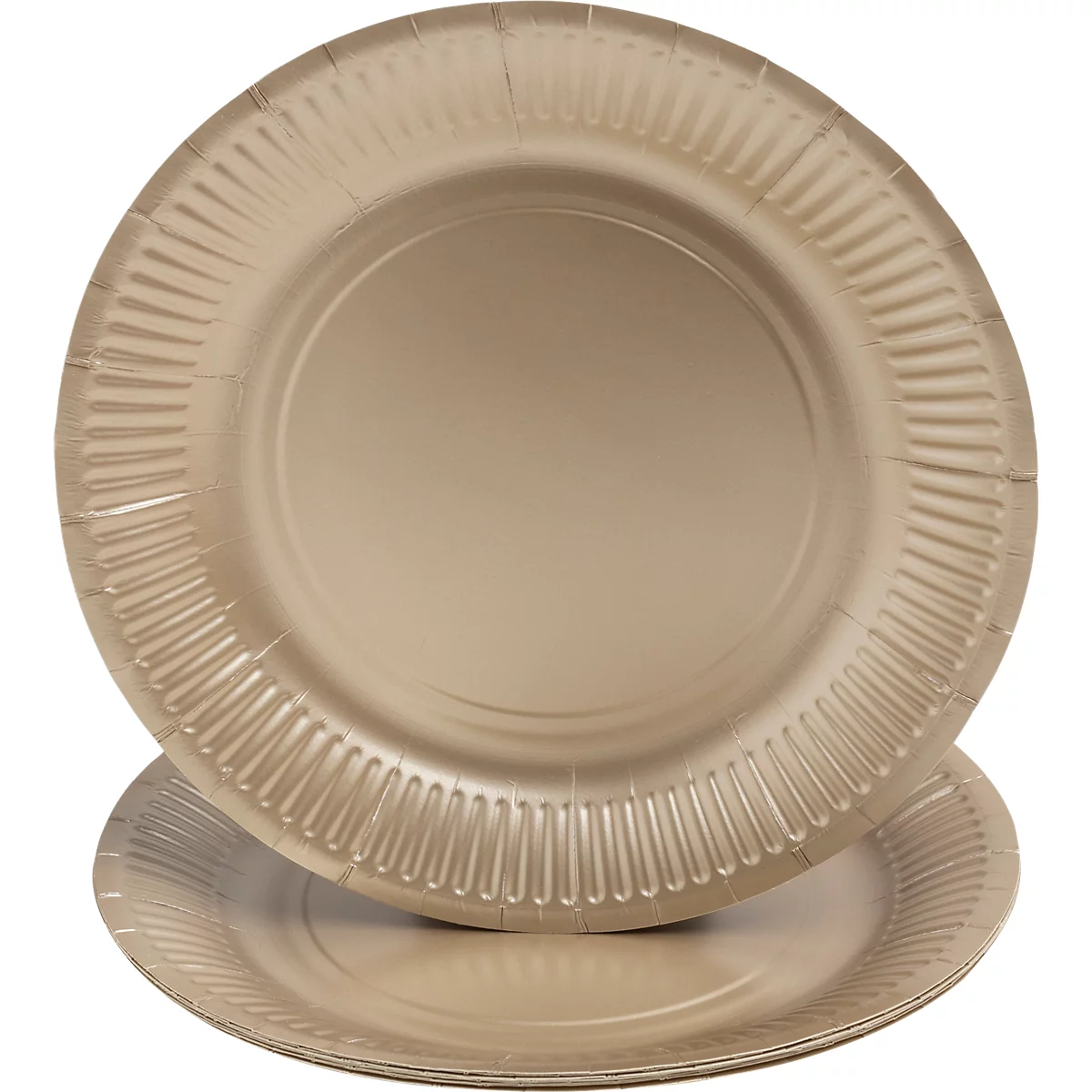 Deux assiettes en carton dorées, l'une placée partiellement sur l'autre.