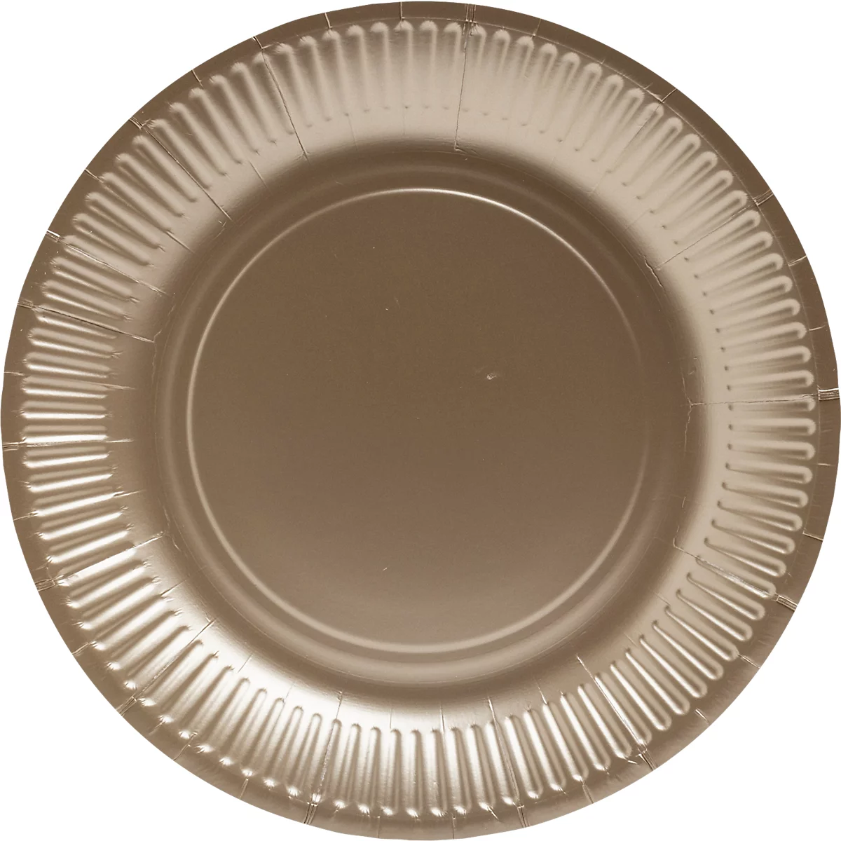 Assiette en carton dorée avec bordure côtelée.