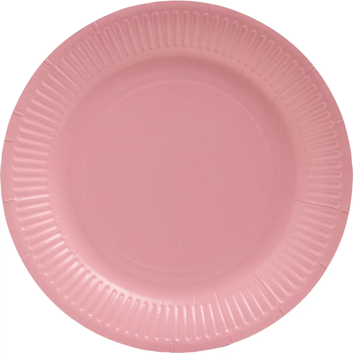Assiette en papier rose clair avec un bord cannelé. L'assiette est ronde et photographiée sur fond blanc.