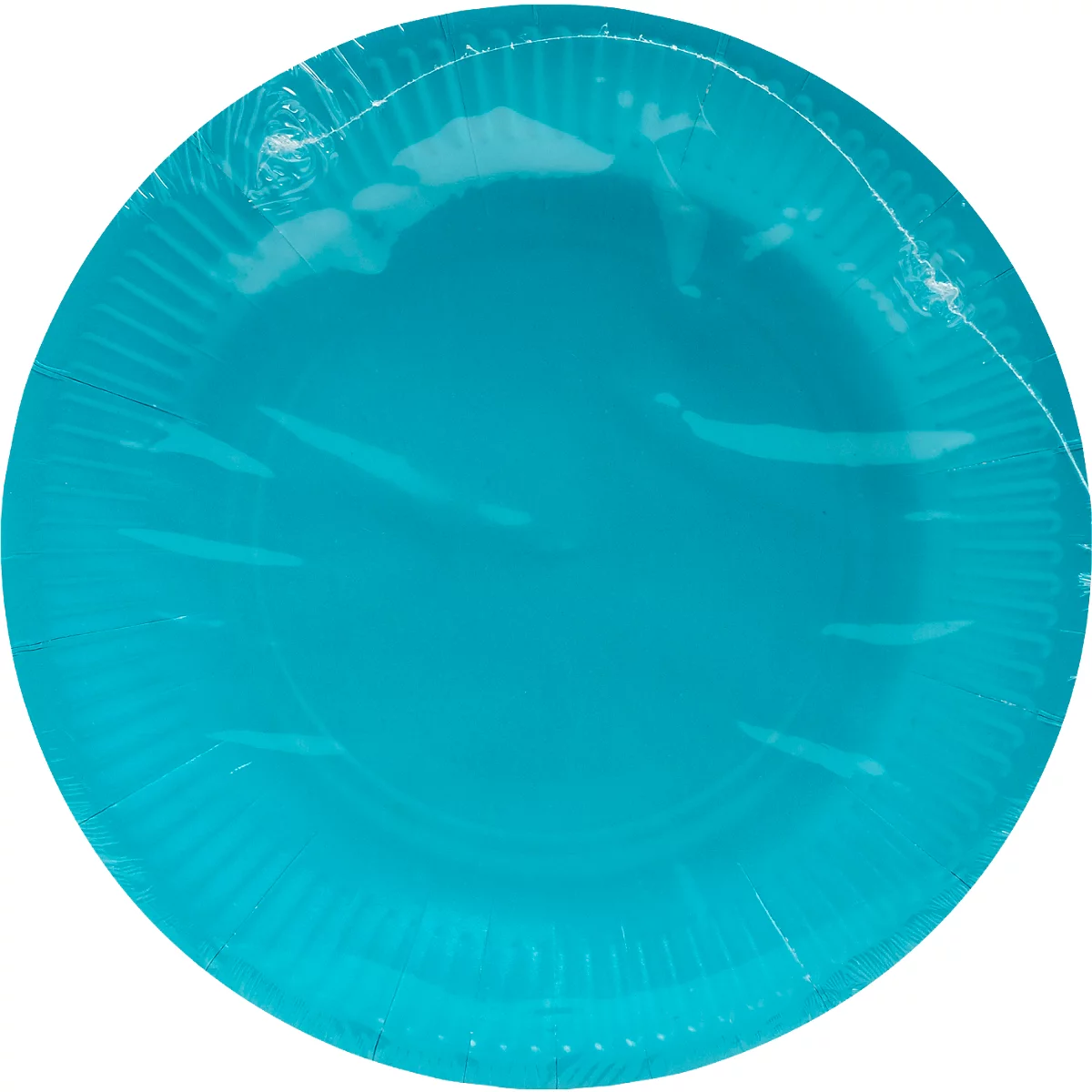 Assiette en carton turquoise emballée dans du plastique.