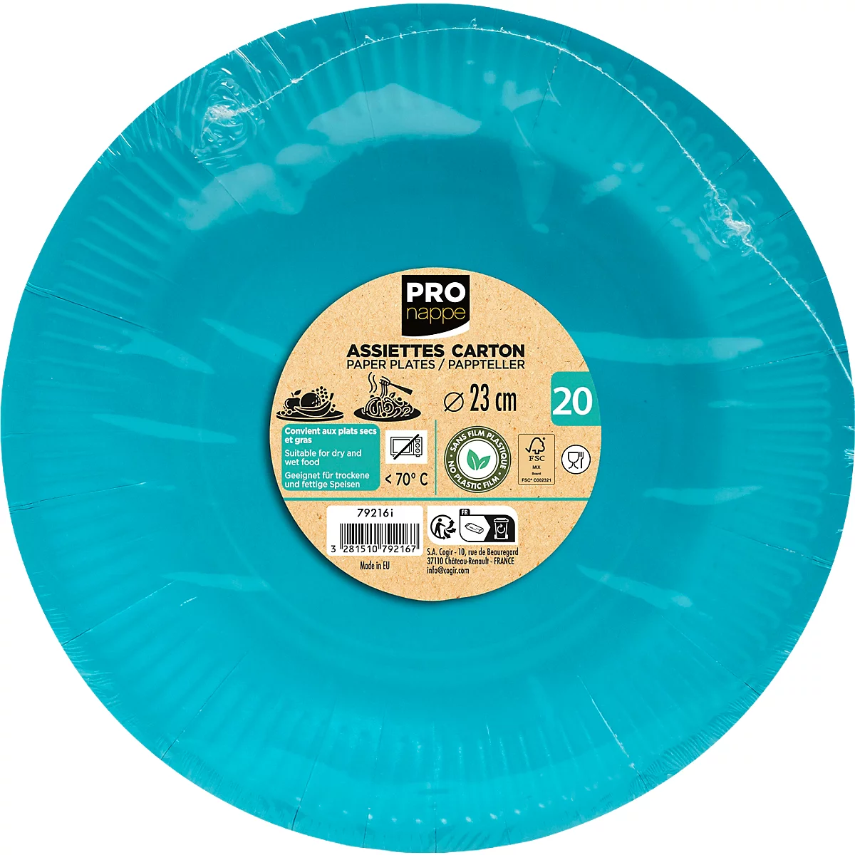 Assiettes en carton bleu turquoise emballées dans du film. L'étiquette indique le diamètre et le nombre d'assiettes.