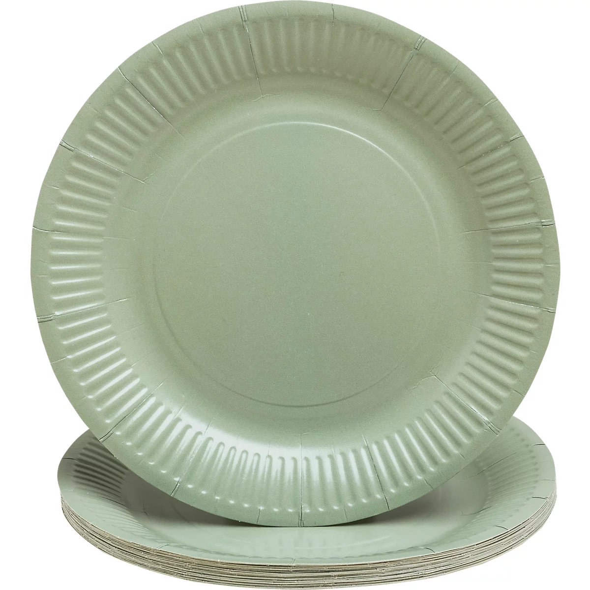 Assiettes en carton vert clair, partiellement empilées, avec un bord nervuré.